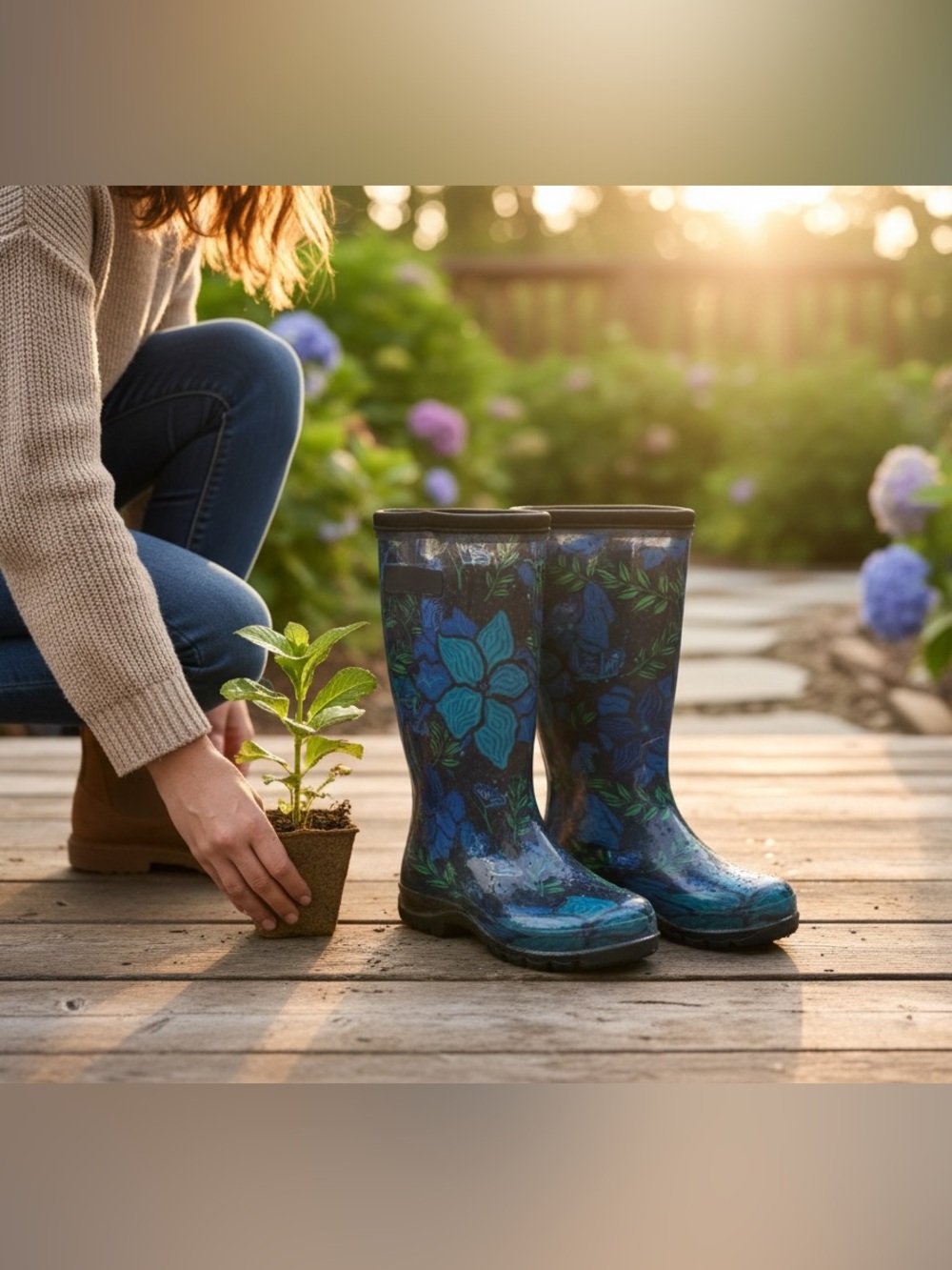 Sluggers Women's Floral Blue Rain Boots